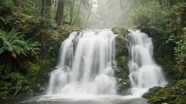 The image shows a waterfall cascading down rocks surrounded by lush green forest. The water appears silky smooth due to a long exposure, contrasting with the detailed textures of the surrounding veget
