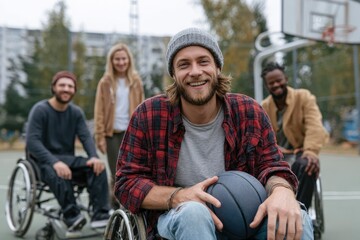 A radiant young man with a beard and beanie smiles warmly at the camera, seated in a wheelchair and holding a basketball on an outdoor court. He is surrounded by a diverse group of smiling friends, so