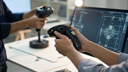 Two individuals engage with controllers while collaborating on a project in a modern workspace featuring a computer screen with technical designs.