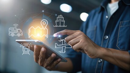 A person using a tablet displays various transportation icons, illustrating logistics and navigation technology in a modern setting.