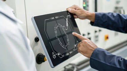 A person interacts with a digital tablet displaying technical data in an industrial setting, demonstrating modern technology use.