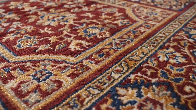 High-detail video of a luxurious Persian prayer rug highlighting Mihrab motifs and expert craftsmanship