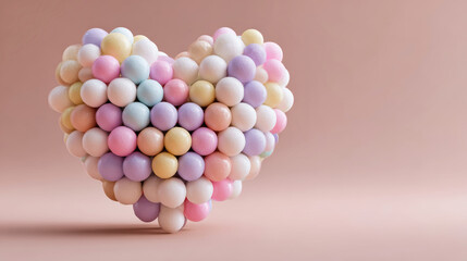 A heart shape formed by colorful spheres rests on a soft pastel background. The design offers space for text and captures the essence of Valentine's Day