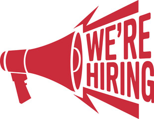 We&rsquo;re hiring megaphone badge, bold recruitment announcement design for job openings, career advertising and hiring campaigns, vector illustration