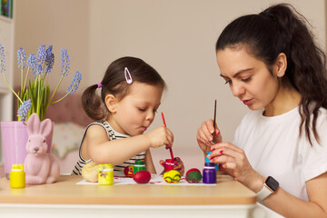 Happy mother and cute little child girl are preparing to celebrate Easter at home. Mom and daughter painting eggs before Easter together.