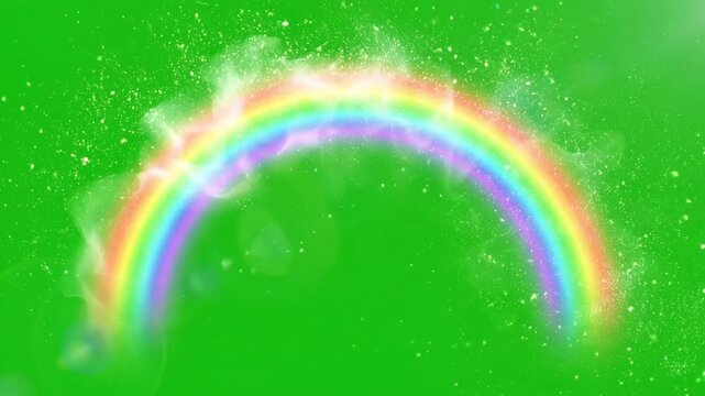 A vibrant rainbow video with a star and sparkles on a green background appears in a magical video setting with colorful lights and effects.