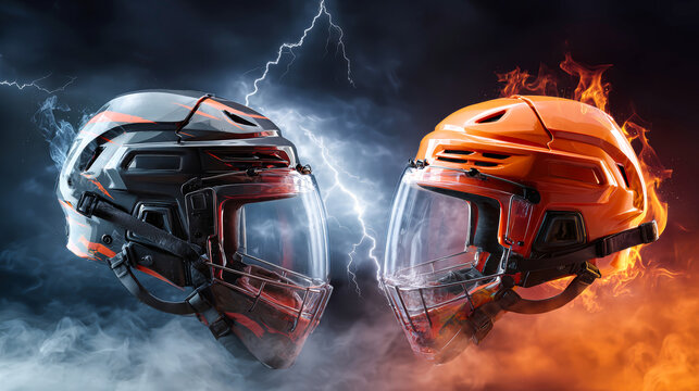 Two hockey helmets face each other, engulfed in flames against a backdrop of lightning. The scene captures rivalry and competition in a dynamic way
