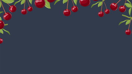 Sweet summer vector background with ripe red cherries and green leaves on the dark. Botanical fruit frame perfect for web design, ads, packaging, seasonal promotions.