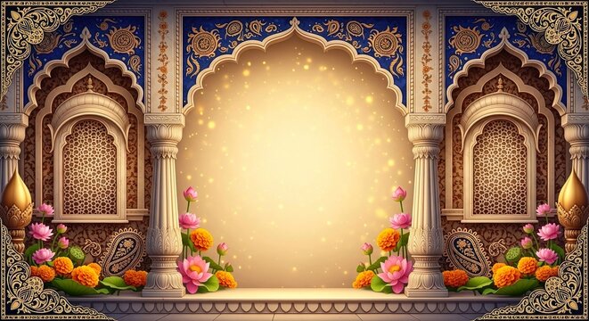 Royal Mughal Palace Wedding Frame With Marble Arches And Mandap Pillars