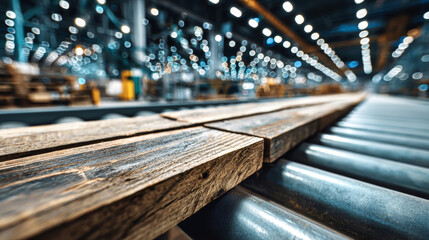 A wooden board moves effortlessly on an industrial conveyor belt inside a bustling woodworking workshop, illuminated by bright lights that enhance its texture
