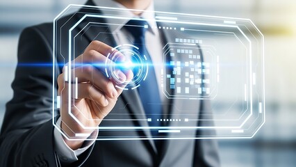 Man in suit interacting with a holographic digital interface