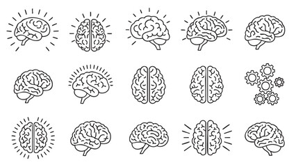 Collection of hand drawn brain illustrations with creative concept symbols