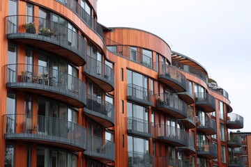 Obraz premium A striking modern residential building showcases a dynamic architectural design with elegant curved lines and a warm, richly toned facade. Numerous private balconies, adorned with sleek metal railings