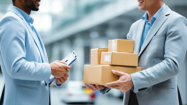 Delivery Exchange: Two professionals engaging in a delivery exchange, with one offering a stack of boxes and the other holding a clipboard, signifying a transaction.