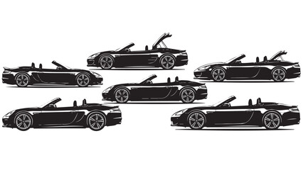 Collection of luxury convertible sports cars with open roofs isolated