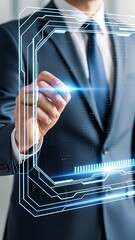 Man in suit interacting with a glowing digital interface