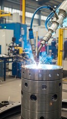 Industrial robot welding a large metal cylinder in a factory setting