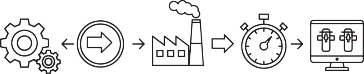 Process flow diagram with gears factory stopwatch and computer screen