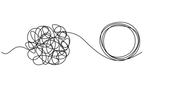 Animated self drawing of : Chaotic tangled line transforms into circle knot illustration. Abstract concept showing problem-solving path from mess to order in vector graphic format.pro
