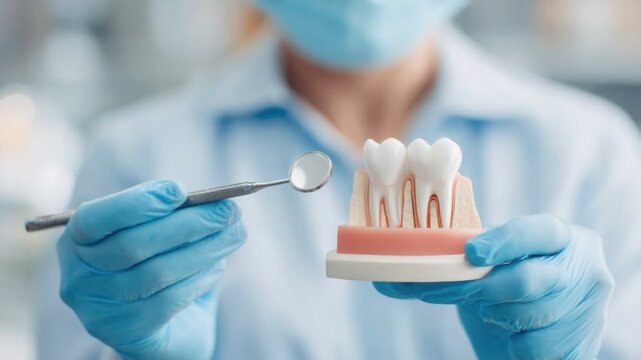 Dentist's Care in Action: A dental professional, attired in a medical coat and gloves, meticulously examines a model of teeth, embodying precision, healthcare, and dedication to dental well-being.