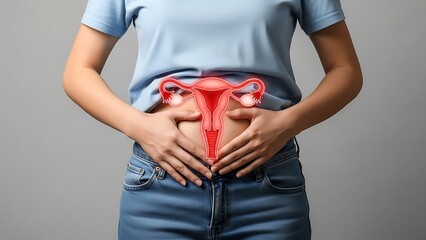 Person with hands on stomach showing uterus and ovaries
