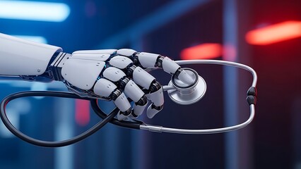 Robotic Hand Holding a Stethoscope Against a Blue and Red Background