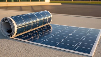 Rolled and unrolled flexible solar panels on a concrete surface