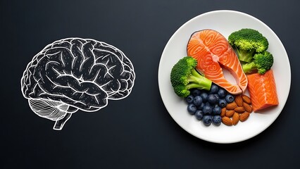 White plate with salmon broccoli blueberries and almonds next to a brain