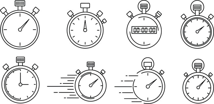 A collection of minimalist line art stopwatch icons, illustrating concepts of time, speed, measurement, and precision. Perfect for sports, deadlines, and tracking progress.
