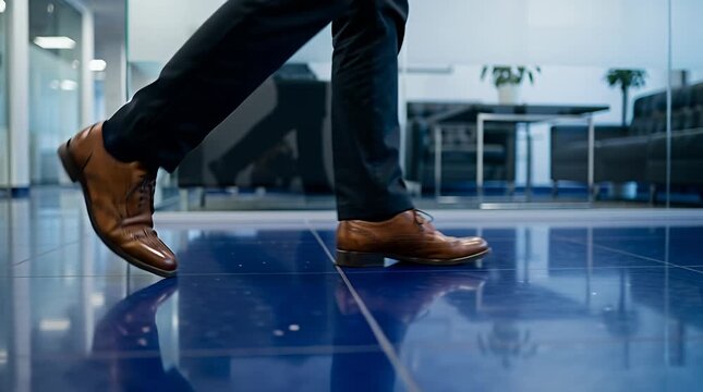 Close up of business person walking in office hallway with shiny blue floor shoes and pants movement, legs.