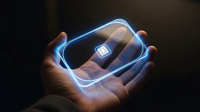 Hand holding a glowing holographic S I M card with blue light