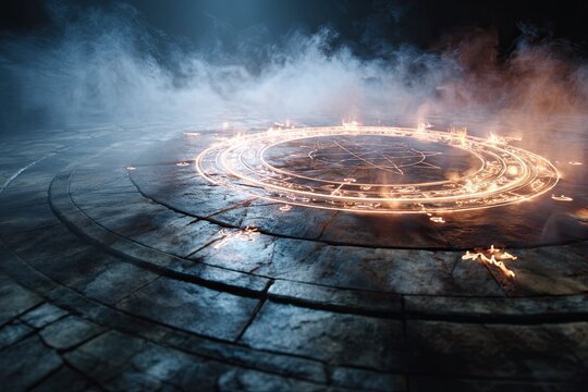 Glowing Arcane Magic Circle Ritual on Ancient Stone Floor with Mystical Energy and Smoke