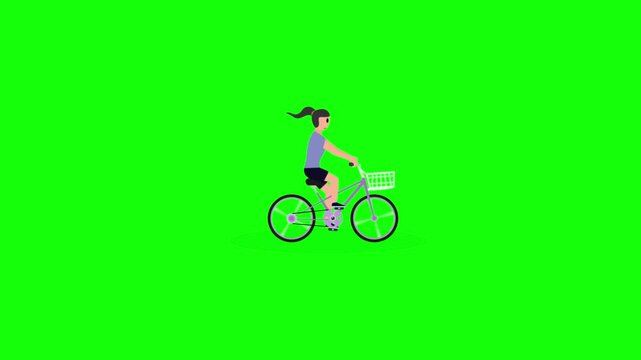 Animated Woman Riding Bicycle with Front Basket on Green Screen