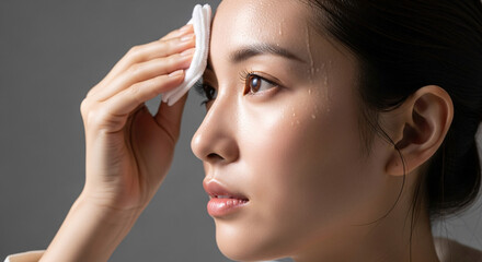 Fototapeta premium Side profile of a luminous Asian woman gently wiping her sweaty face with a soft white towel.
