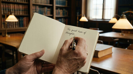 Quiet hum of thoughts fills air in serene library setting, as person writes in notebook