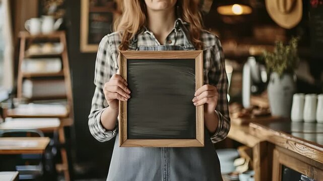 model holding a blank cafe menu board with chalkboard 4K Videos