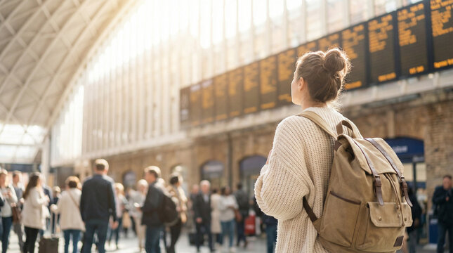 Young woman looking at departure board in busy train station  