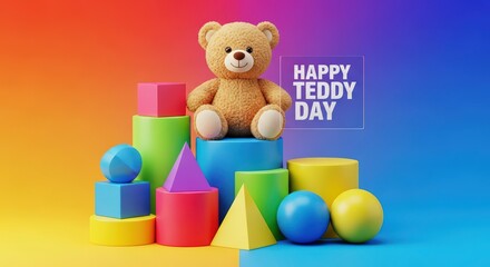 Adorable Teddy Bear with Colorful Geometric Shapes Celebrating Happy Teddy Day