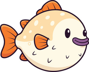 Cute round puffer fish cartoon vector illustration with orange fins and smiling face in kawaii style design © MstSabina