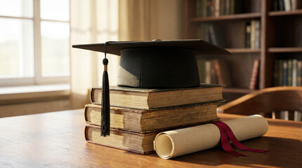 Graduation cap resting stacked books with diploma, symbolizing academic achievement and success