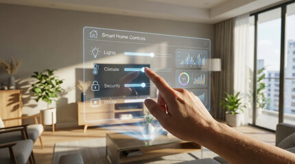 Hand interacting with smart home control interface modern living room. scene showcases
