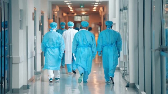 Healthcare Heroes: A team of medical professionals walks down the hospital corridor, the soft light casting a sense of determination and dedication to the health sector.