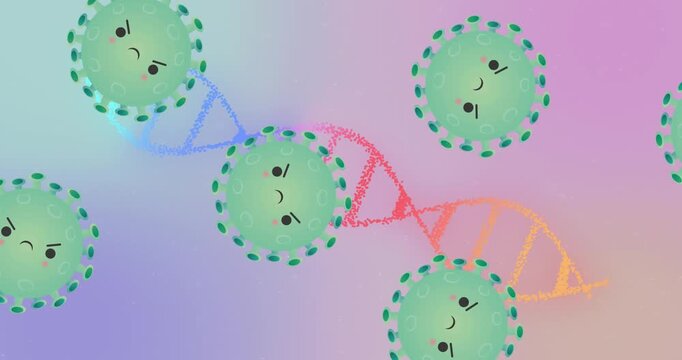 Animation of angry covid 19 cells moving and dna strand spinning