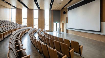 Modern auditorium with empty seating and large screen, ideal for presentations and lectures