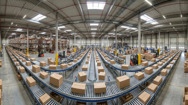 Large warehouse interior with conveyor belts and stacked boxes, showcasing efficient logistics