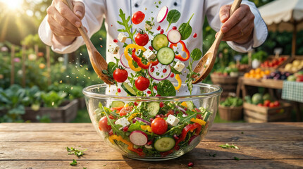 Fresh salad ingredients are tossed in bowl, showcasing vibrant colors and textures