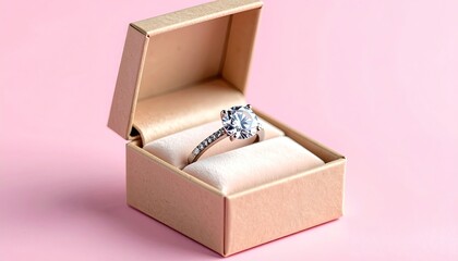 Diamond ring in a box, pink background, close-up