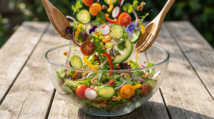 Fresh salad ingredients tossed in glass bowl, vibrant colors and textures create lively scene
