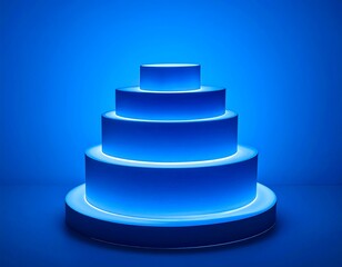 Illuminated 3D tiered structure against a blue gradient backdrop