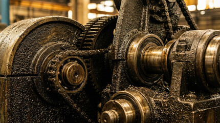 Close up of industrial machinery with gears and chains covered oil and grime, showcasing wear
